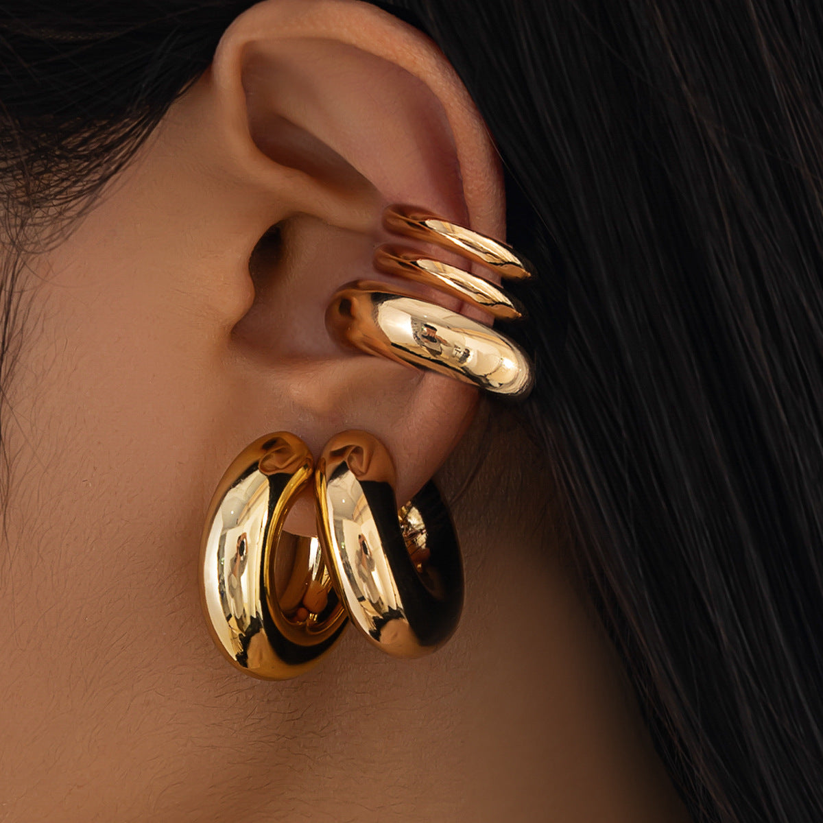 Pendientes de clip de tubo redondo hueco geométricos minimalistas para mujer con acabado de metal chapado