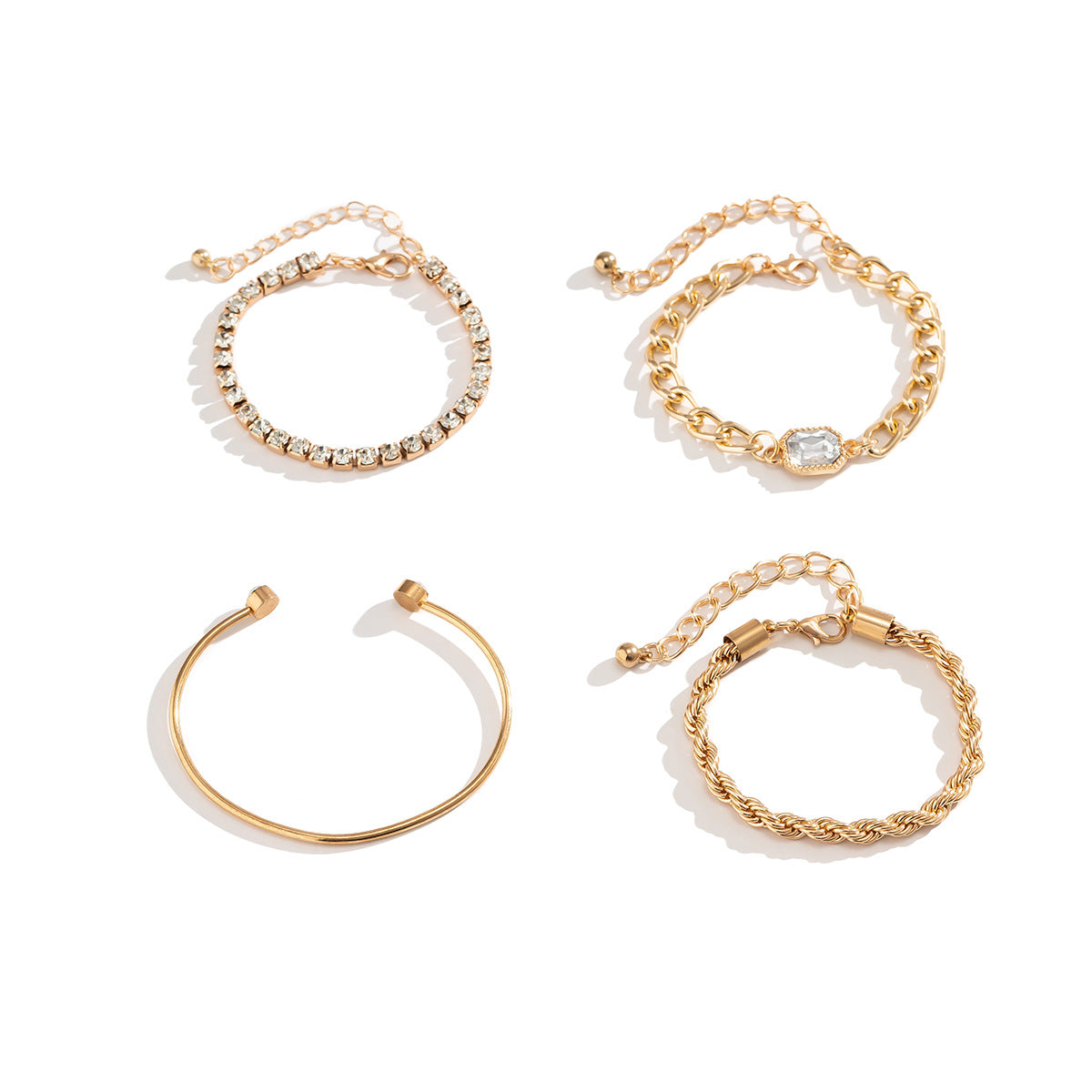 Minimalist Geometric Alloy Bracelet Set for Women with Rhinestone Inlay and Twisted Chain Design