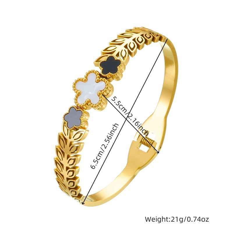 Bracciale vintage minimalista da lavoro placcato in acciaio inossidabile con motivo floreale e spiga di grano