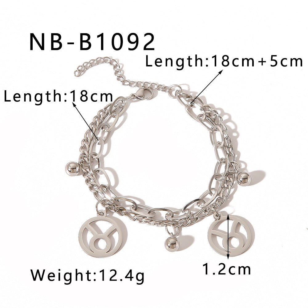 INS Style Zodiac Bracelet with Double Layer Cuban Link Chain Stainless Steel Pendant and 18K Vacuum Plated Finish