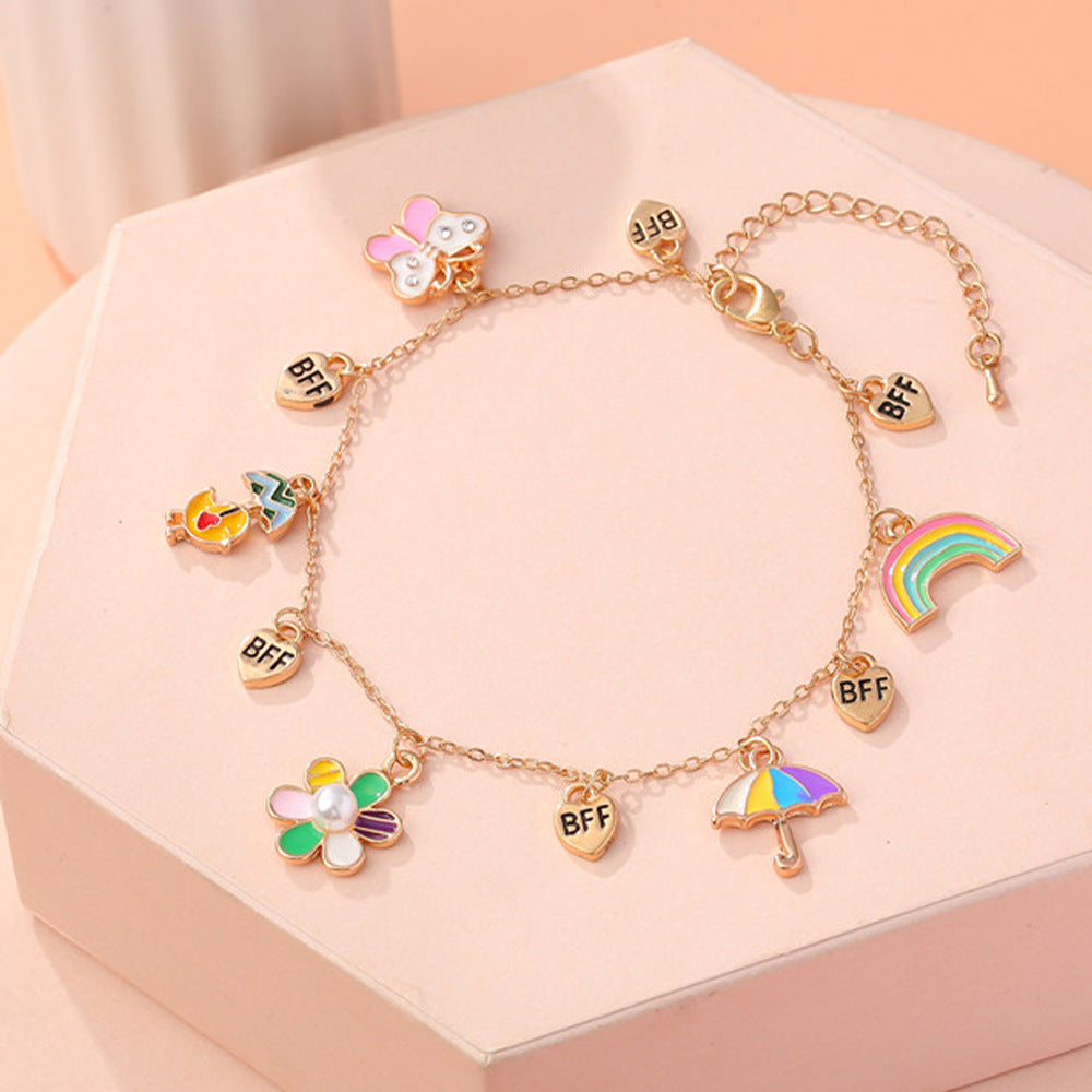 Cartoon Style Cloud Rainbow Unicorn Charm Bracelet for Kids in Alloy with Enamel Finish and Rhinestone Inlay
