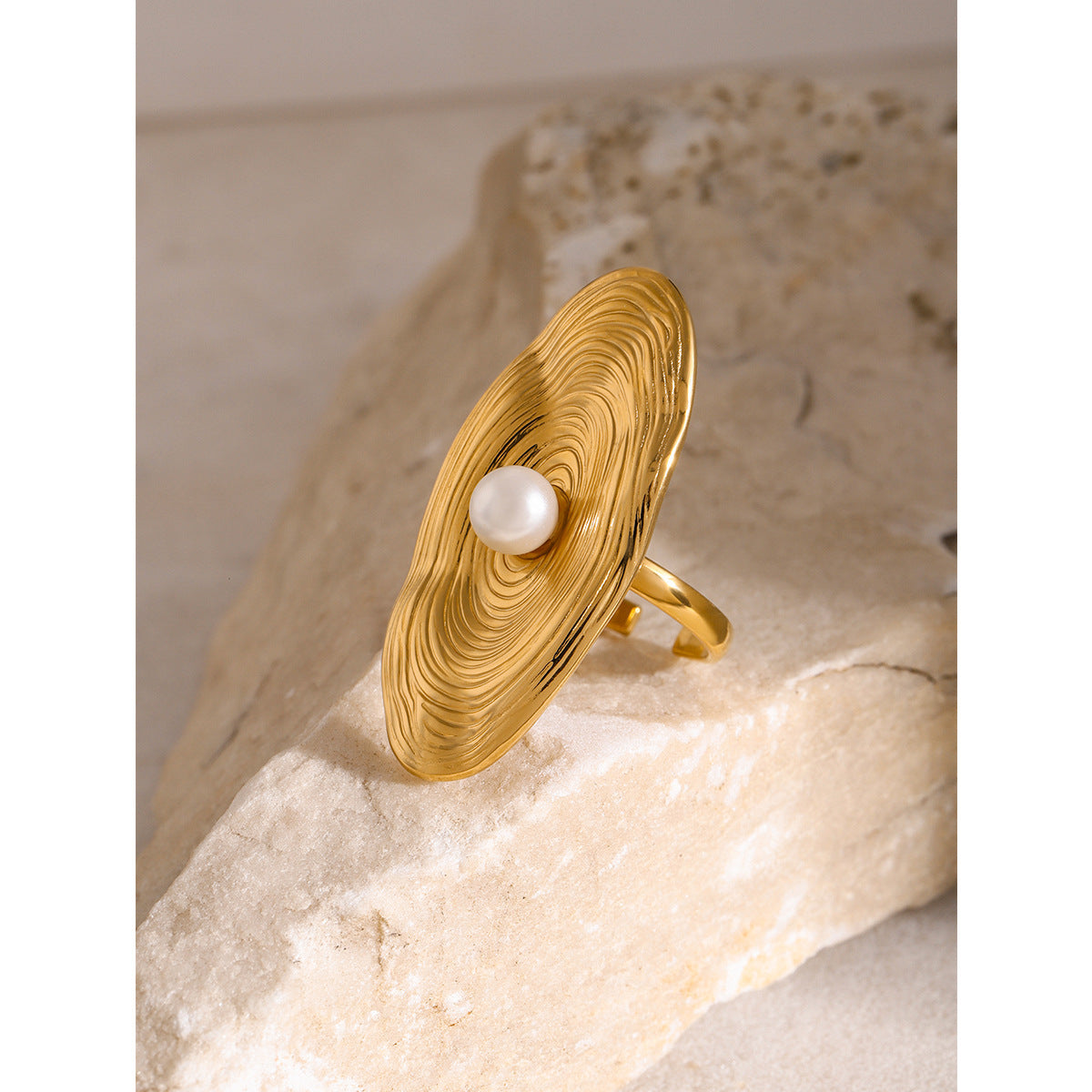 18K Gold Plated Irregular Stainless Steel Pearl Ring for Women