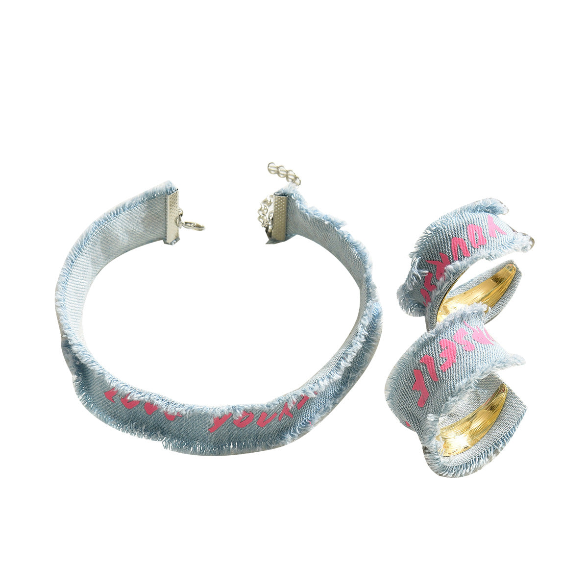 Set di collana e orecchini da donna in denim con design minimalista a lettera e finitura placcata
