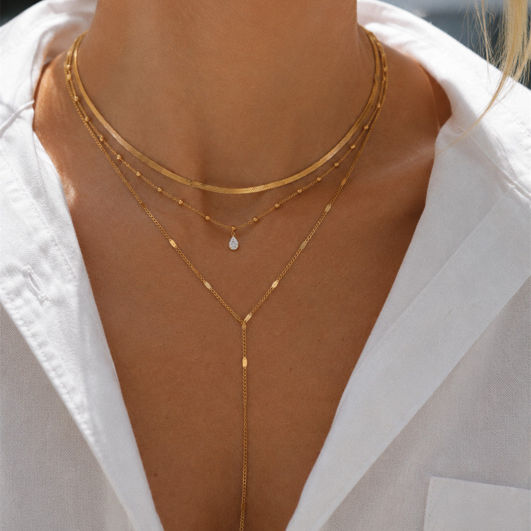Elegant Teardrop Cubic Zirconia Pendant PVD Stainless Steel Snake Chain Necklace