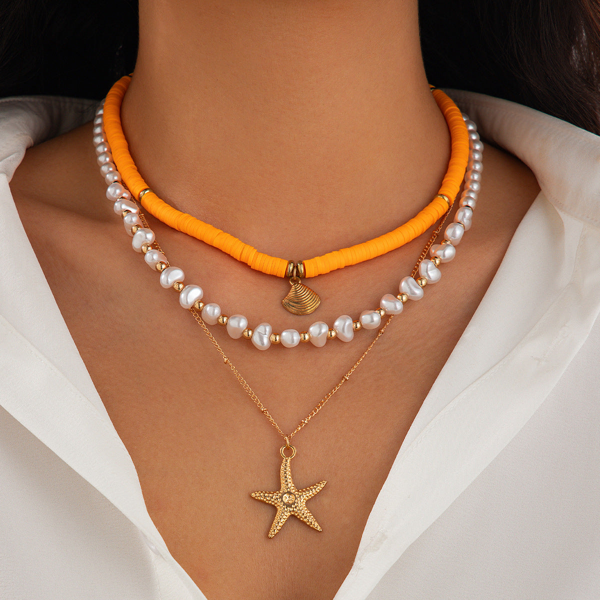 Vintage Bohemian Baroque Starfish Shell Imitation Pearl Resin Alloy Plated Necklace for Women