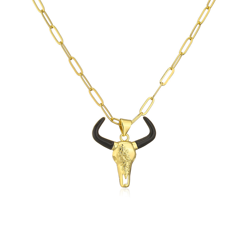 Minimalist Bull Pendant Necklace for Women in Copper with 18K Gold Plating and Enamel Finish