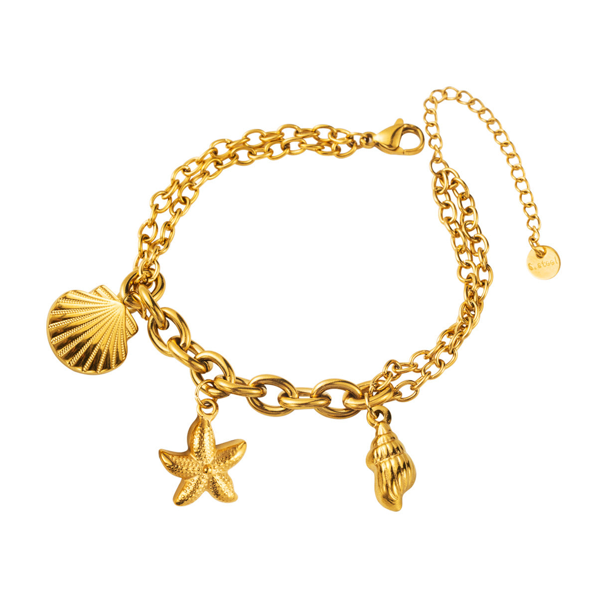 Pulsera geométrica vintage de acero de titanio para mujer con colgante de estrella de mar y concha marina, galvanizada para un color duradero