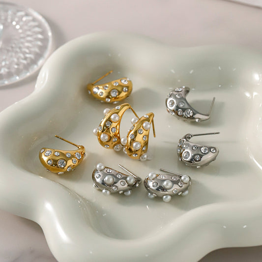Pendientes minimalistas de acero inoxidable con baño de oro de 18K, gota de agua, diamantes de imitación y perlas para mujer