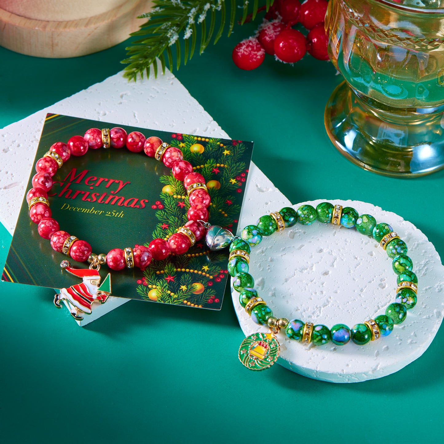 Pulsera magnética de resina con cuentas de Fashion-Commuter con diseño de Papá Noel y corona floral para mujer