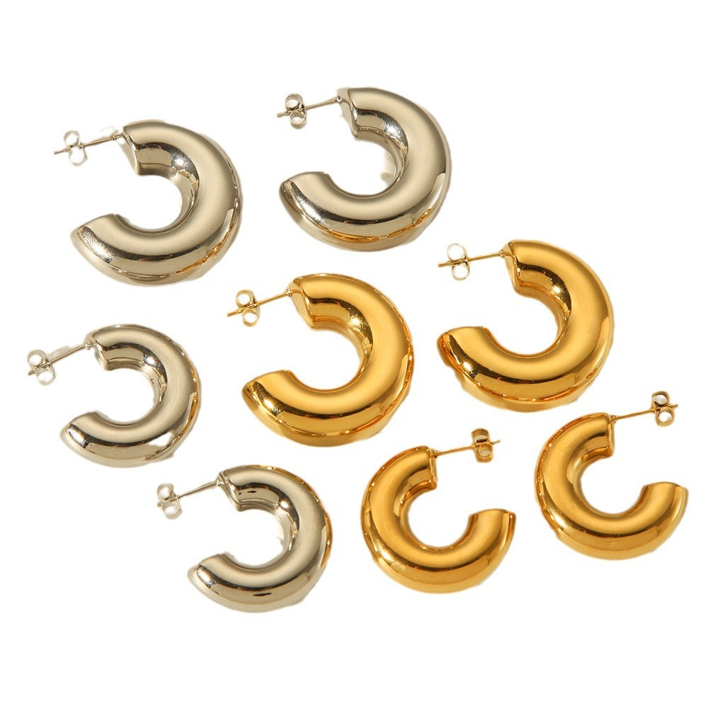 Minimalist Geometric Hollow Stainless Steel Electroplated Earrings for Women with C-Shaped Design