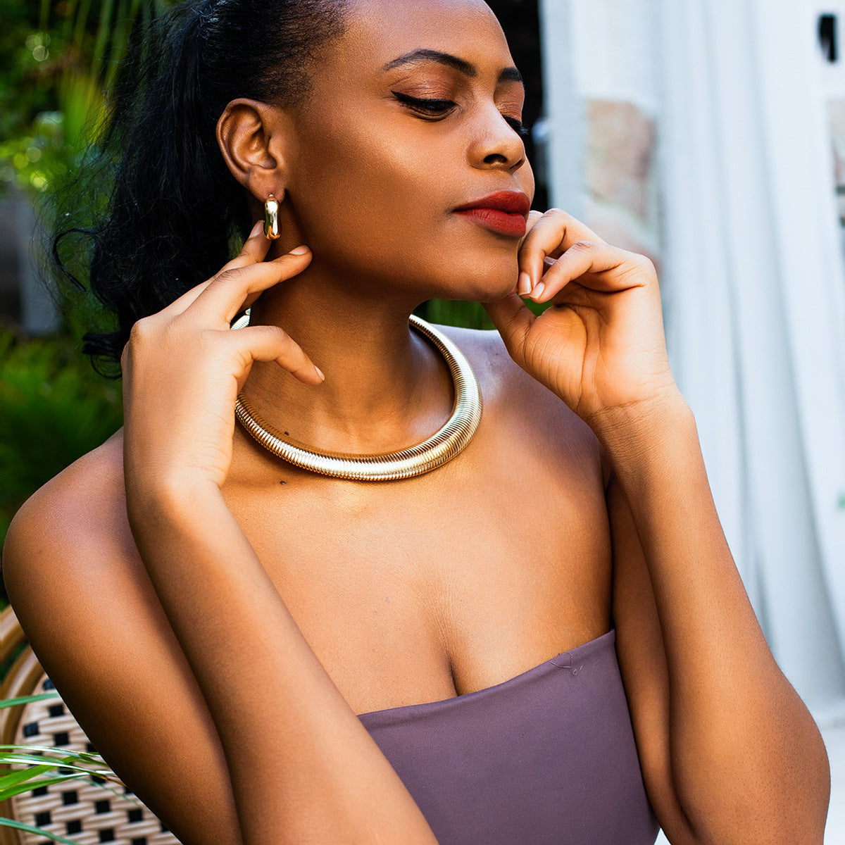 Bold Geometric Snake Chain Choker Necklace for Women Made of Metal with Multi-Layered Locket Design