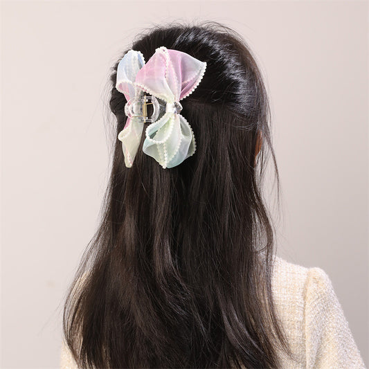 Minimalist Bow-Shaped Hair Clip for Children with Pearl-Trimmed Edges and Dual-Sided Colorful Design