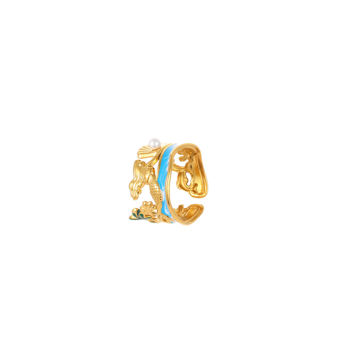 Anillo de perlas de lujo con temática de sirena y océano en acero inoxidable con baño de oro y banda abierta ajustable para mujer