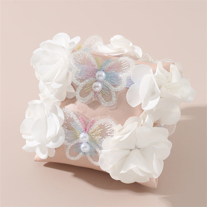 Elastico per Capelli a Fiocco "Sweet Style" in Tessuto con Ricamo Floreale Bianco 3D e Dettagli Perlati per Bambini