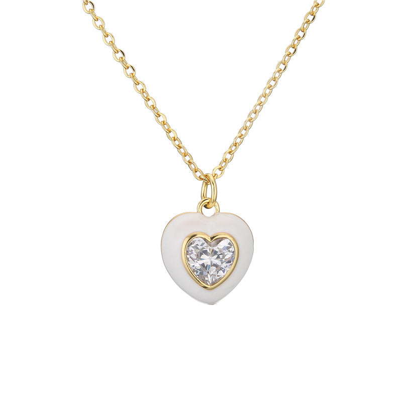 Elegant Heart Drip Oil Inlay Cubic Zirconia Brass Necklace for Women with Cable Chain