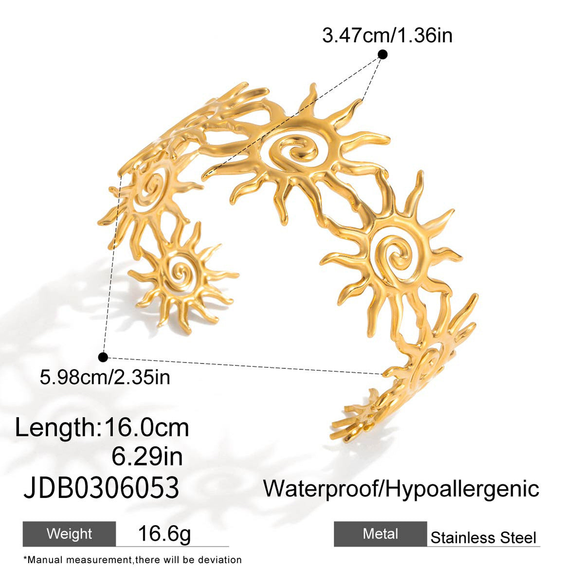 Bracciale da donna in acciaio inossidabile a forma di sole con finitura placcata, gioiello minimalista di tendenza