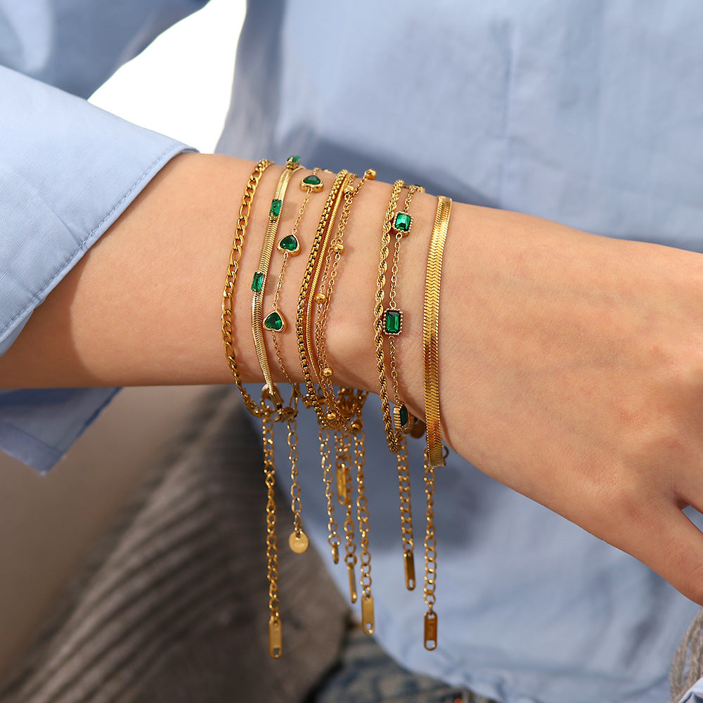 Geometric Luxury Plated Titanium Steel Box Chain Bracelet with Rhinestone Accents for Women