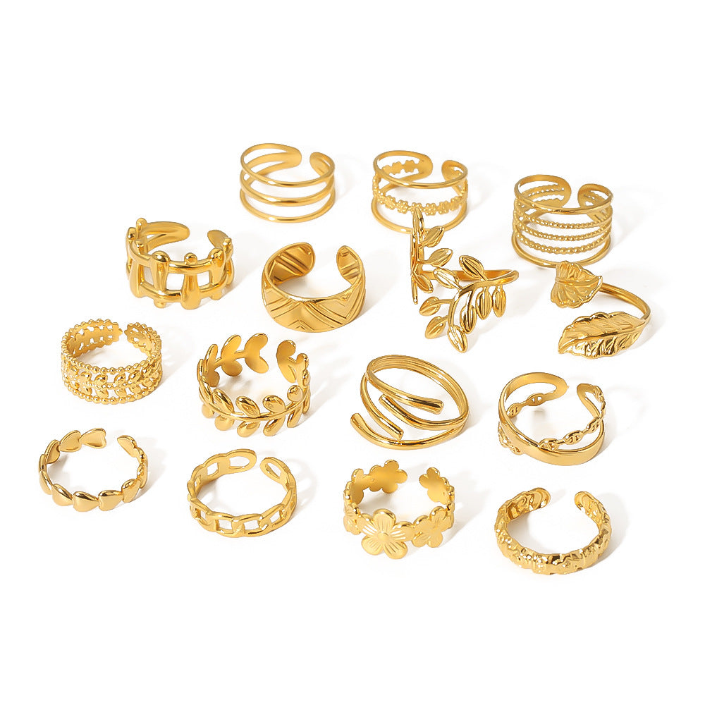 Minimalist Instagram Style Geometric Hollow Leaf and Floral Titanium Steel Ring with 18K Gold Plating for Women