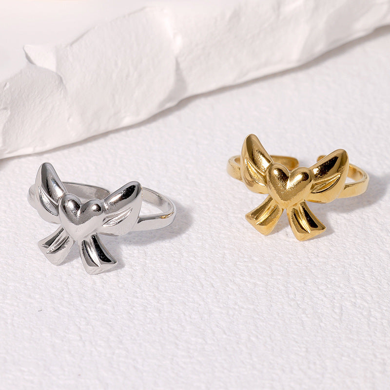 Sweet 18K Gold Plated Stainless Steel Open Ring with Heart and Bow Knot Design for Women