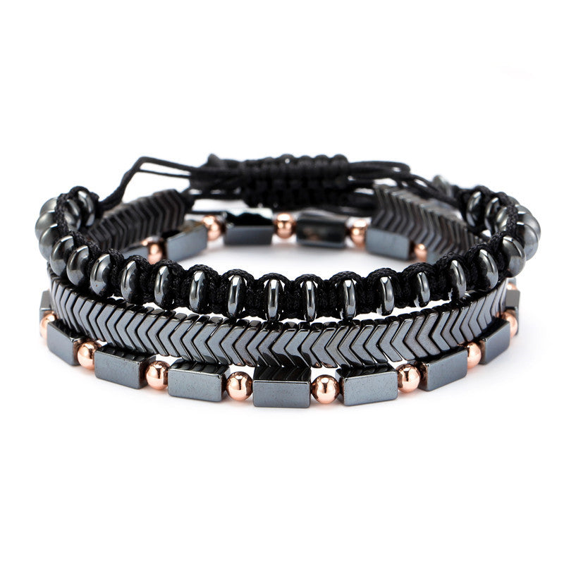 Matte Black Wood Hematite and Agate Beaded Stretch Bracelet Geometric Round Unisex