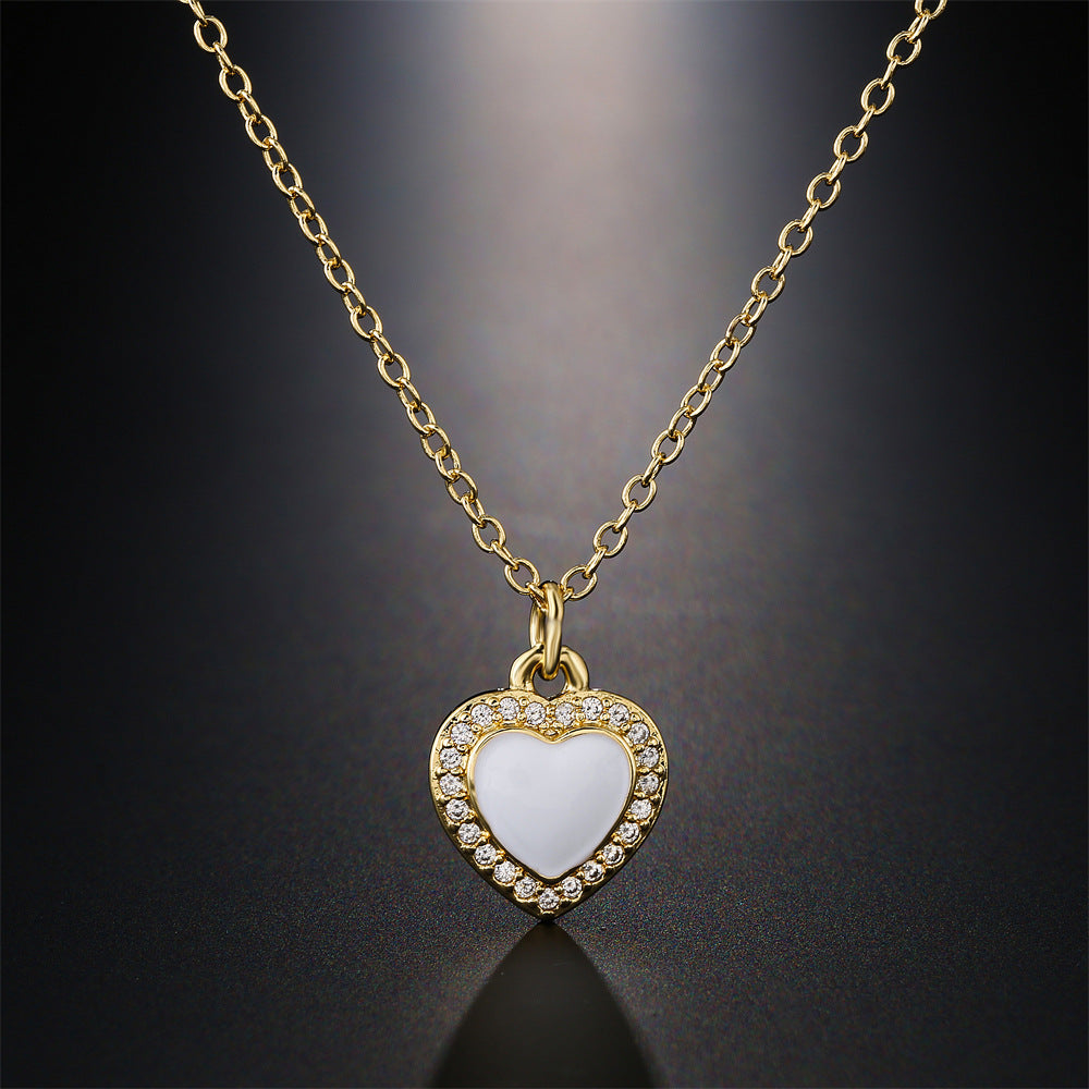 Elegant Heart Micro-Inlaid Cubic Zirconia Drip Oil Brass Pendant Necklace with Cable Chain