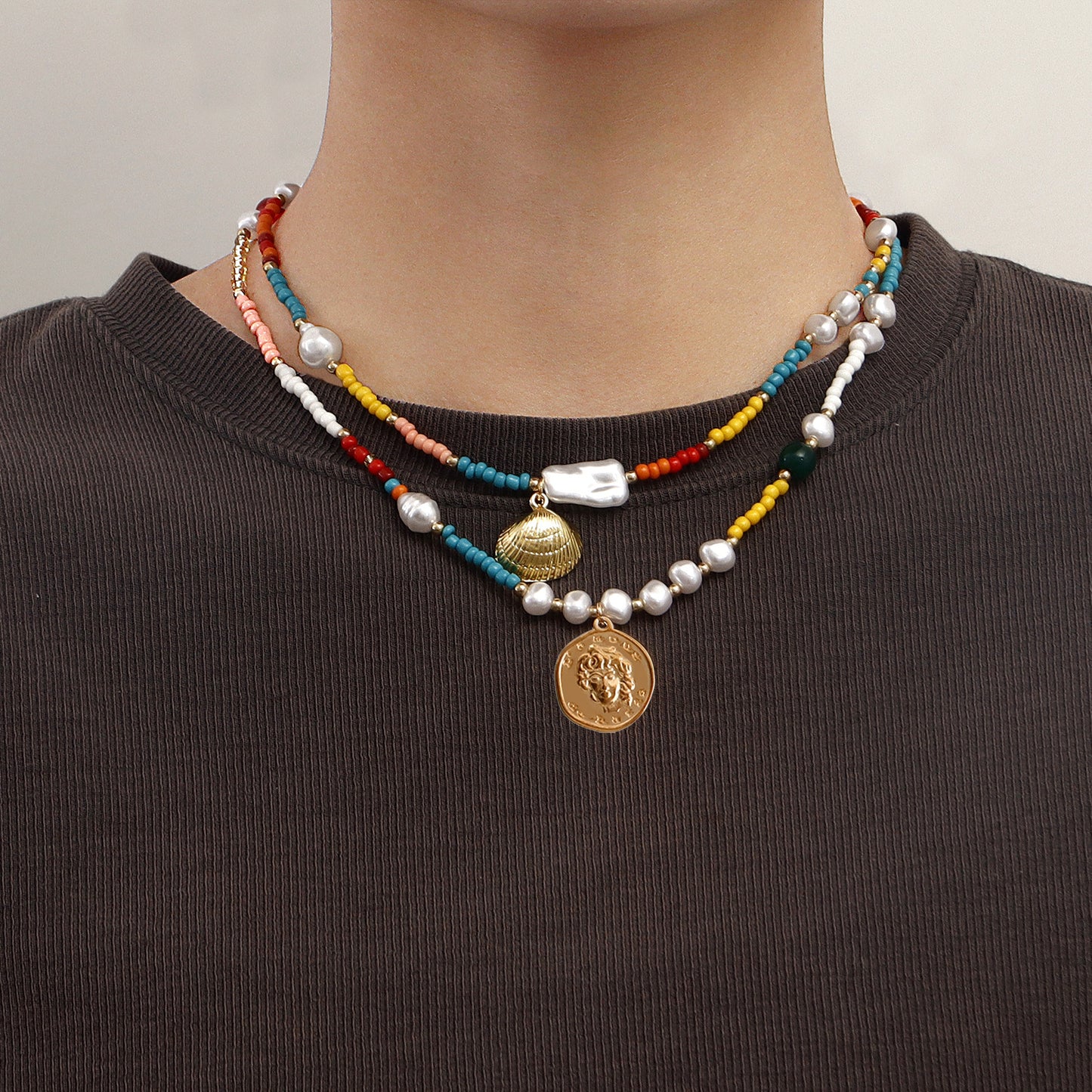 Bohemian Style Colorful Seed Bead and Seashell Pendant Necklace for Women Geometric Alloy Design with Plated Finish