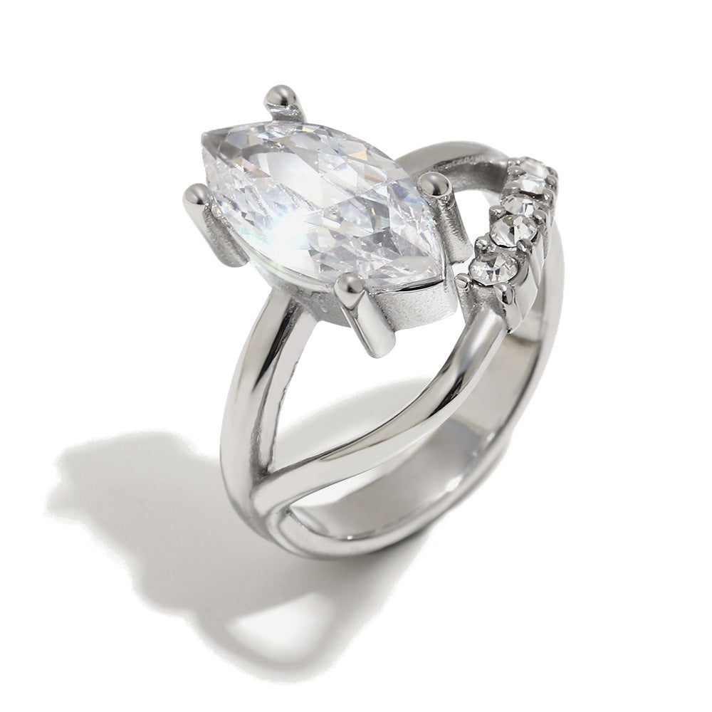 Luxury Minimalist 18K Gold Plated Stainless Steel Marquise Geometric Ring with Cubic Zirconia for Women