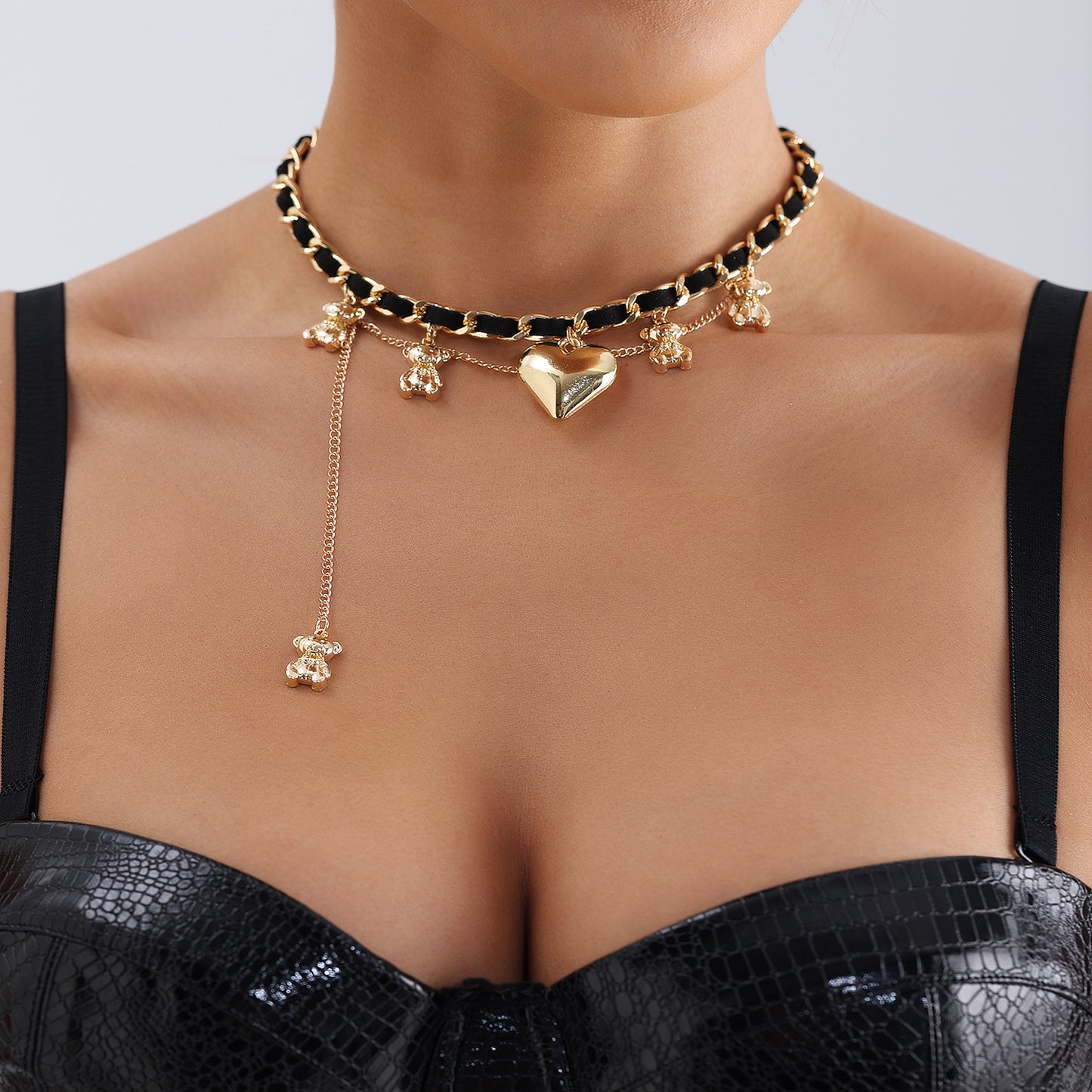 Minimalist Bear Pendant Necklace with Heart Charm on Metal Chain for Women