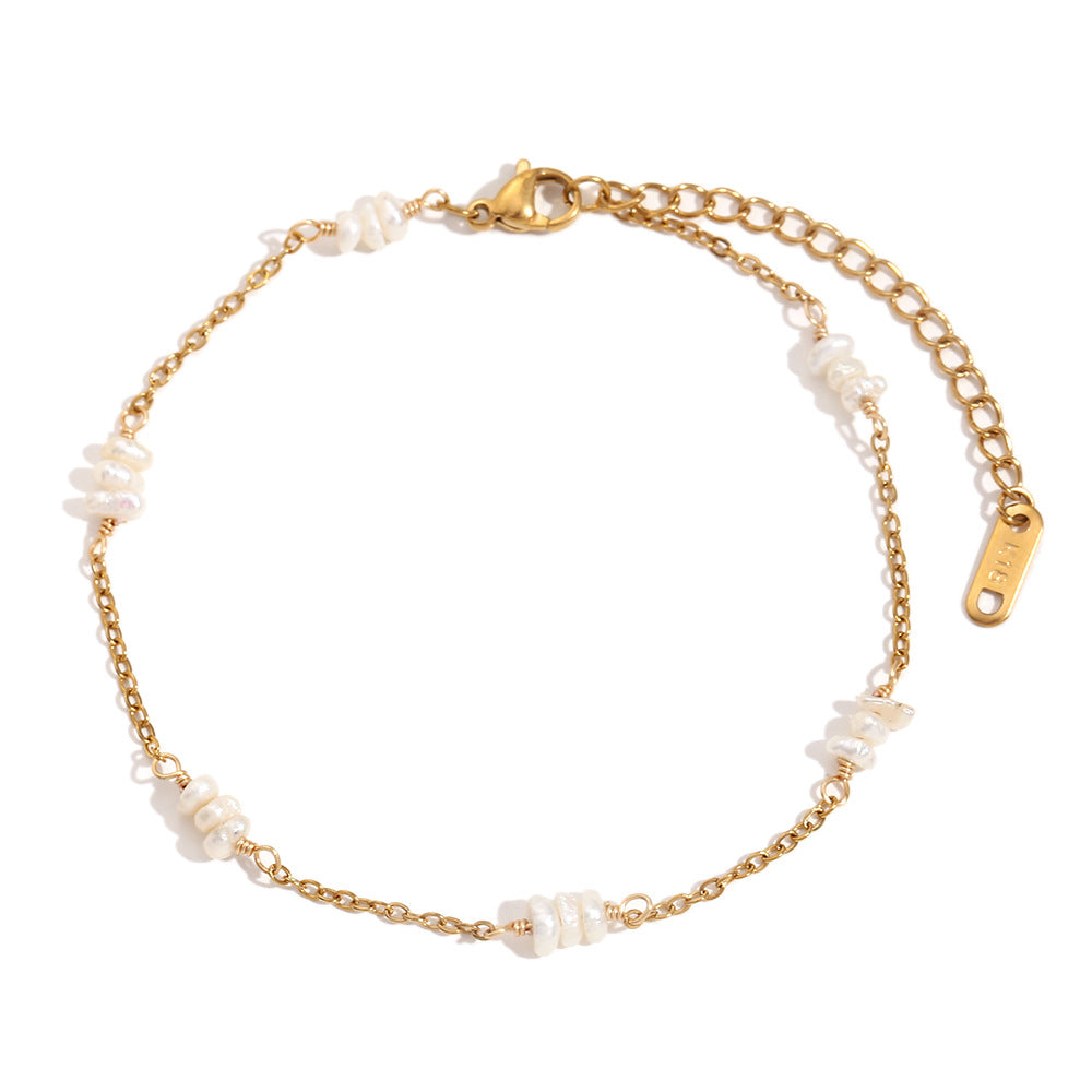 Cavigliera Minimalista Geometrica in Acciaio Inossidabile Placcata Oro 18K con Dettagli in Perle Naturali