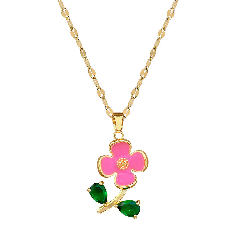 Sweet Elegant Geometric Floral Drip Oil Rhinestone Pendant Necklace Titanium Steel Cable Chain Unisex