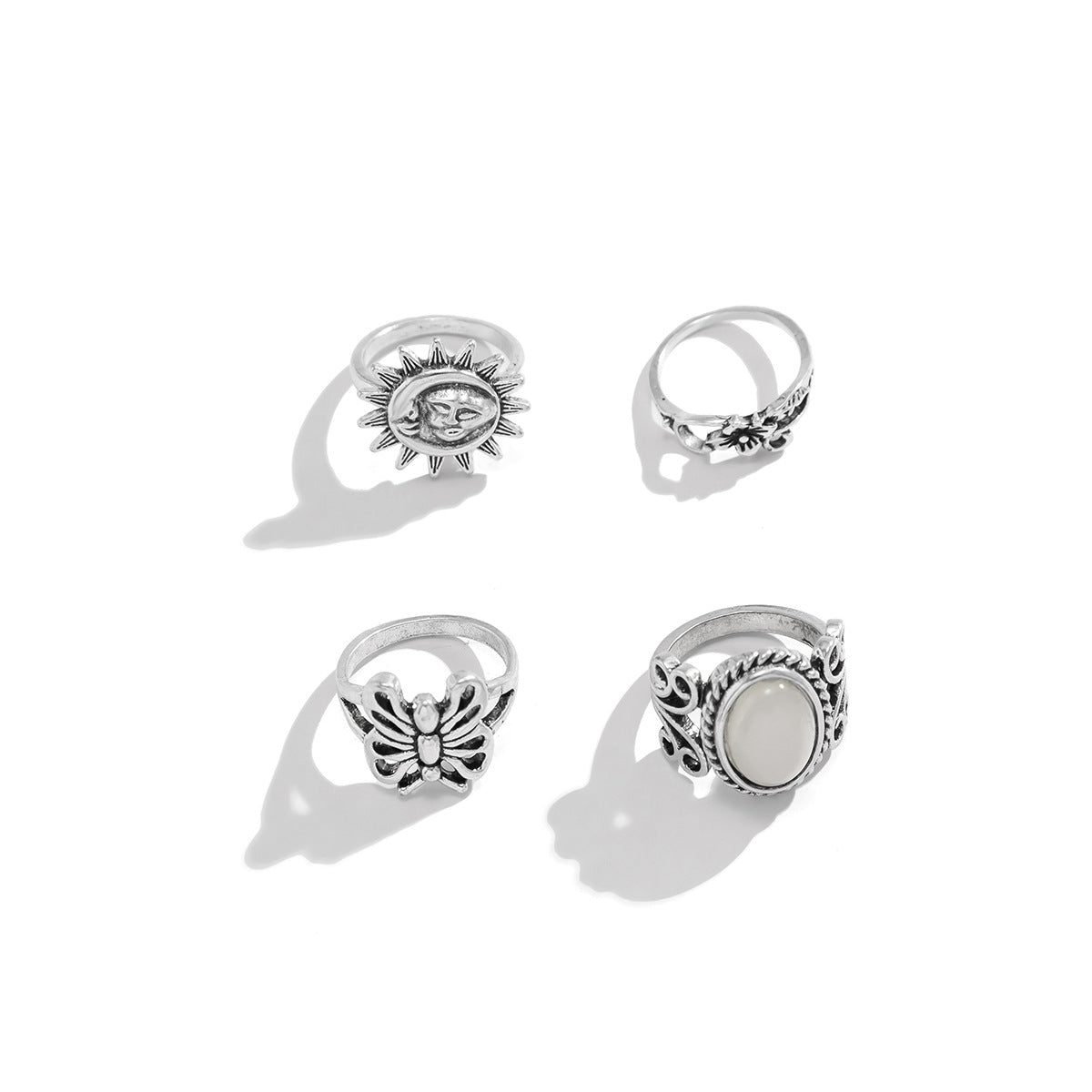 Vintage Bohemian Butterfly Engraved Alloy Ring Set for Women with Antique Finish and Geometric Animal Design