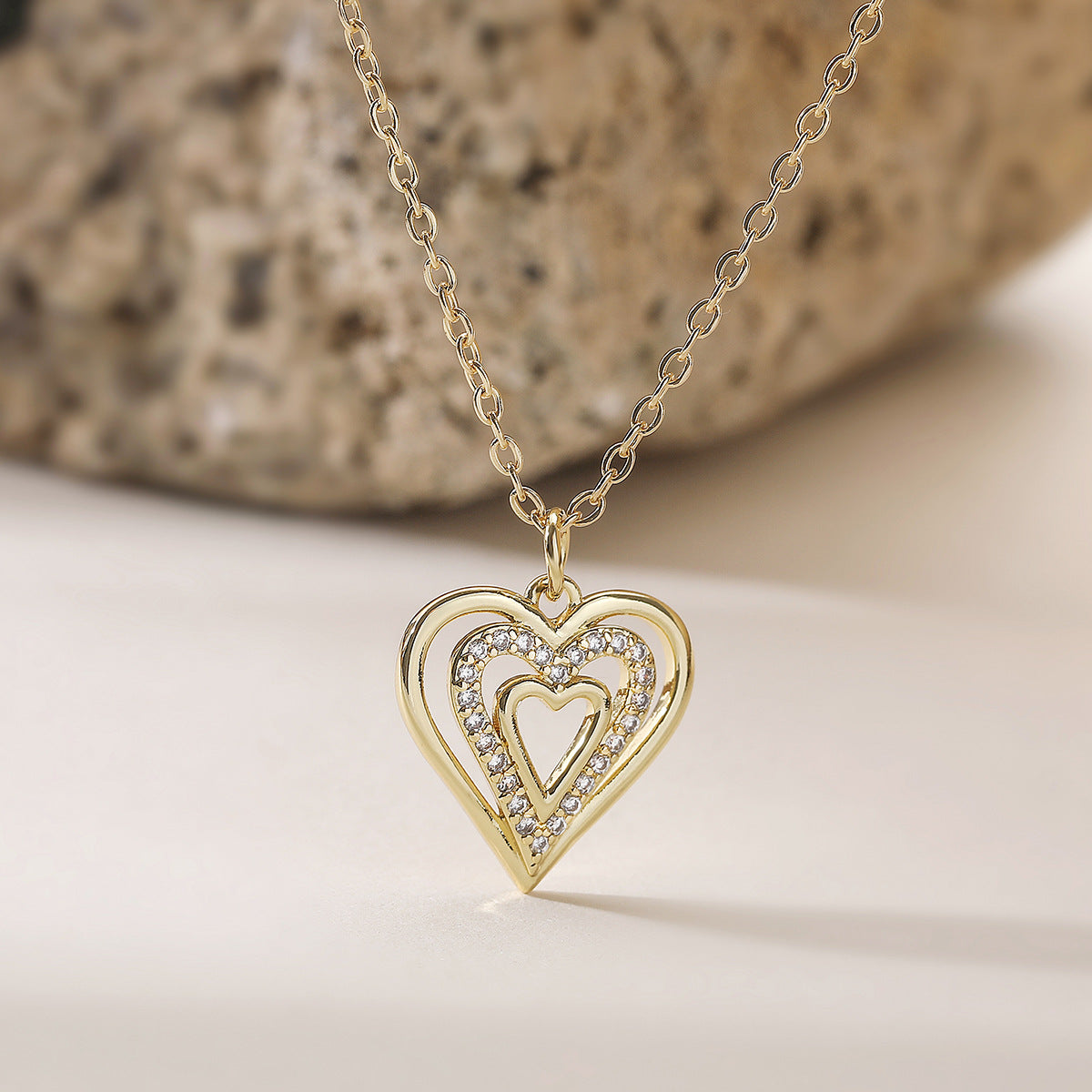 Minimalist 18K Gold Plated Brass Heart Pendant Necklace with Cubic Zirconia for Women