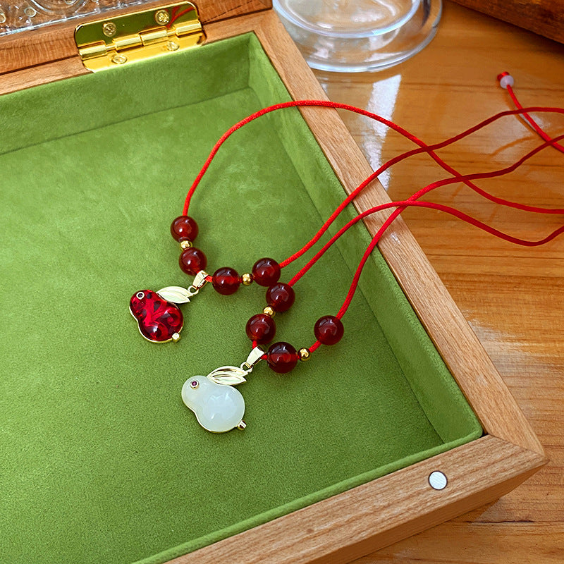 Minimalist Rabbit Pendant Necklace in Titanium Steel with Red Braided Cord for Lucky Year Gift