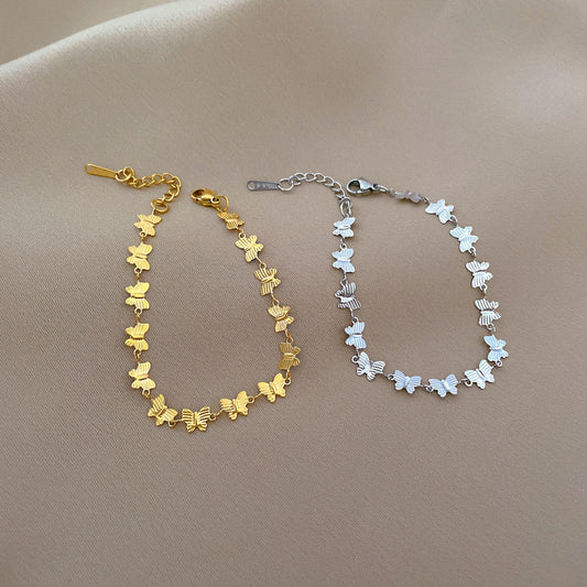 Pulsera de cadena minimalista vintage con mariposa para mujer y hombre, de acero de titanio, con textura ondulada y patrón de frijol