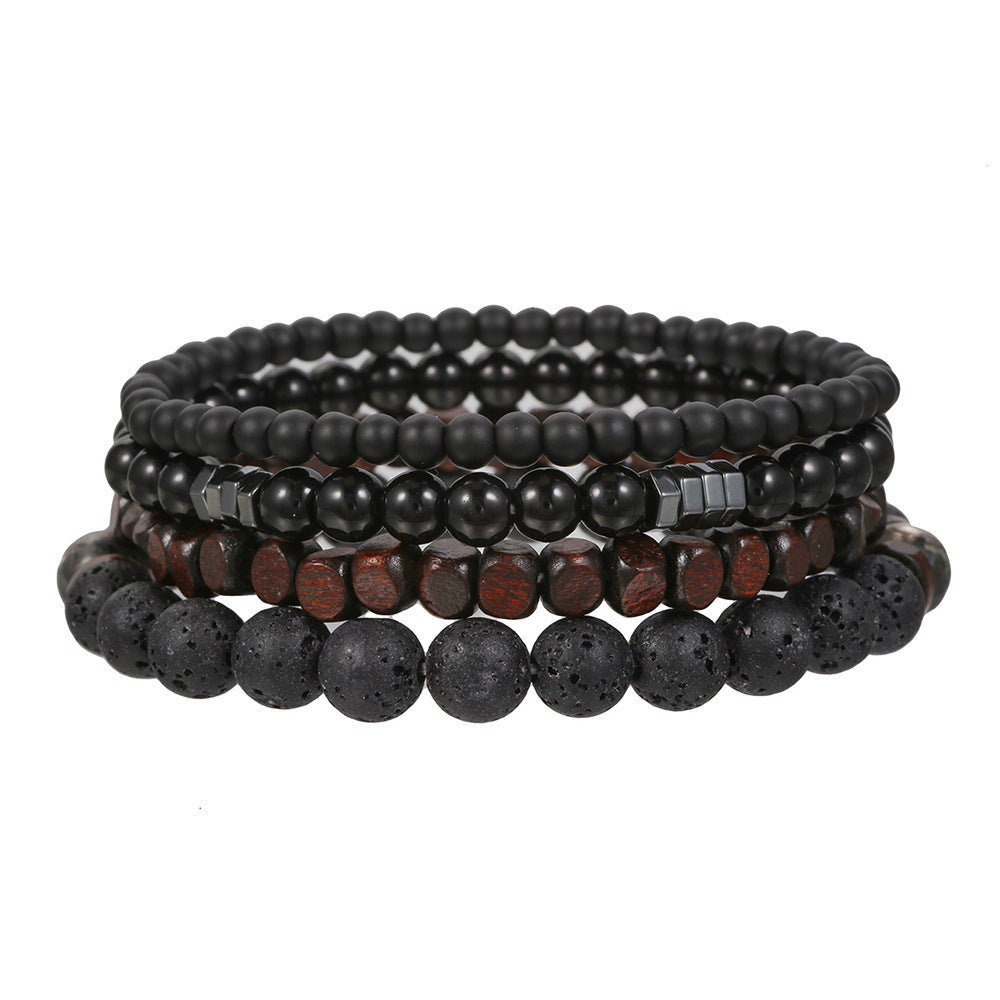 Matte Black Wood Hematite and Agate Beaded Stretch Bracelet Geometric Round Unisex