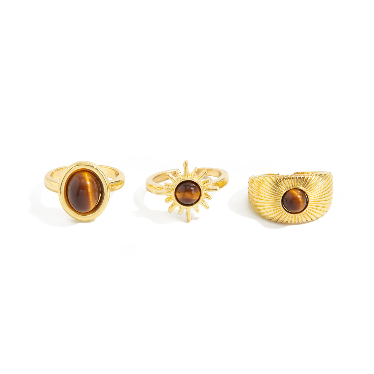 Vintage Geometric Oval Tiger Eye Plated Zinc Alloy Open Ring for Women