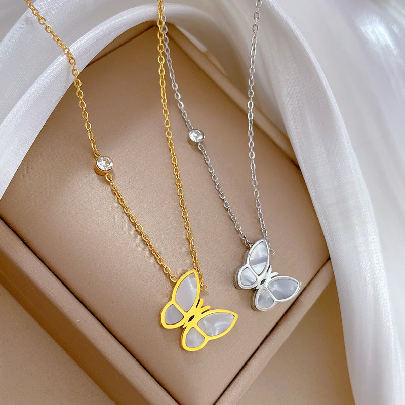 Minimalist Titanium Steel Butterfly Pendant Necklace for Women with Gold Plating and Geometric Design Locket Chain
