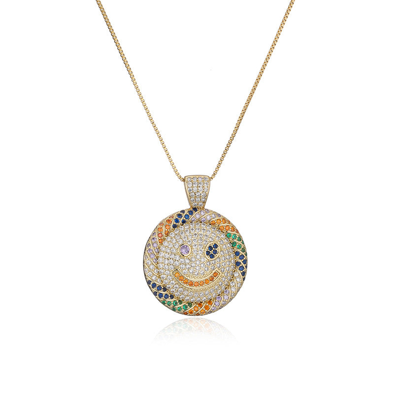 Hip-hop Punk Geometric Micro-inlay Cubic Zirconia 18K Gold Plated Brass Smile Face Necklace Box Chain