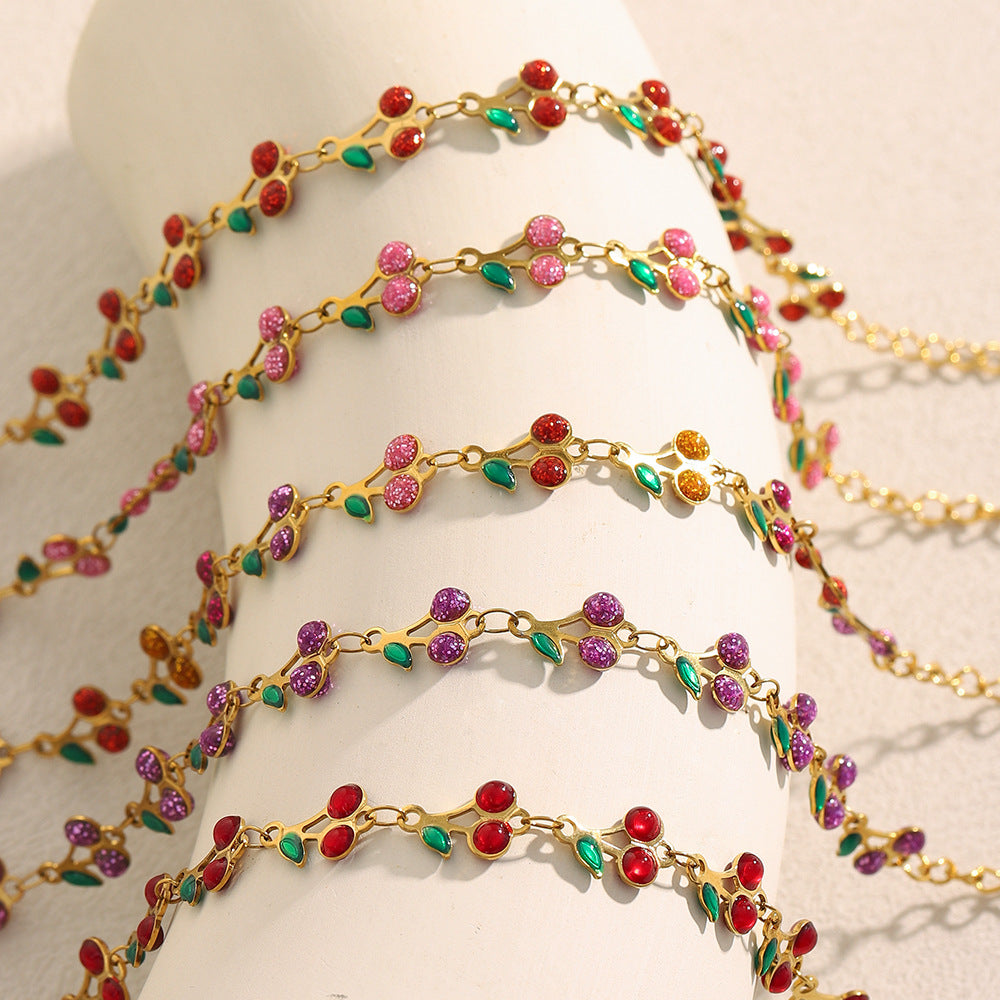 Fashionable Cherry-Shaped Stainless Steel Plated 18K Gold Enamel Bracelet for Women