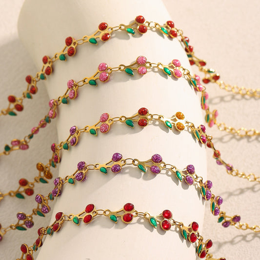 Pulsera de esmalte con forma de cereza, de acero inoxidable chapado en oro de 18 quilates, a la moda para mujer
