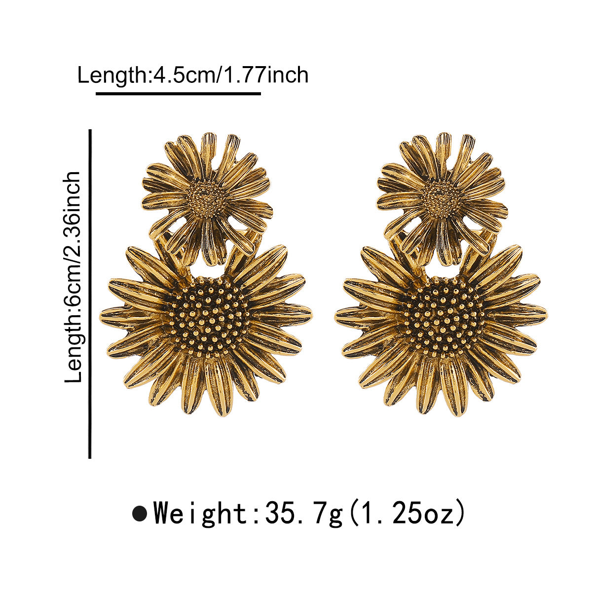 Vintage-Style Sunflower-Shaped Alloy Stud Earrings for Women with Electroplated Finish and Stainless Steel Posts