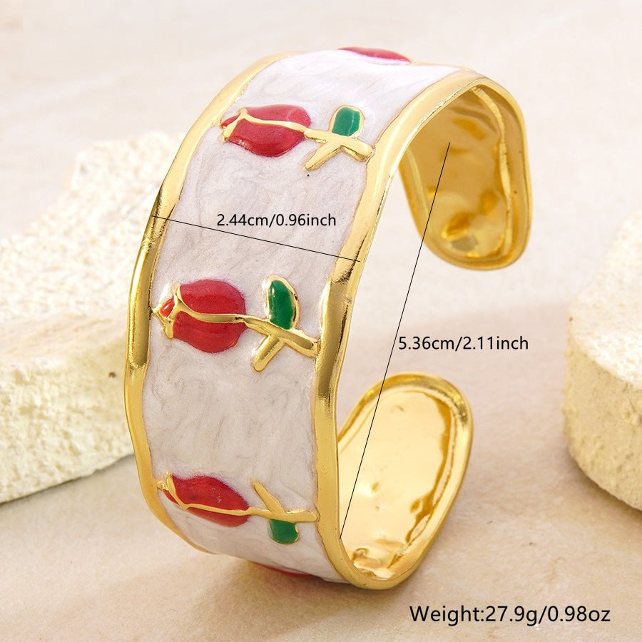 Elegant Stainless Steel Drip Oil Enamel Tulip Cuff Bracelet for Women