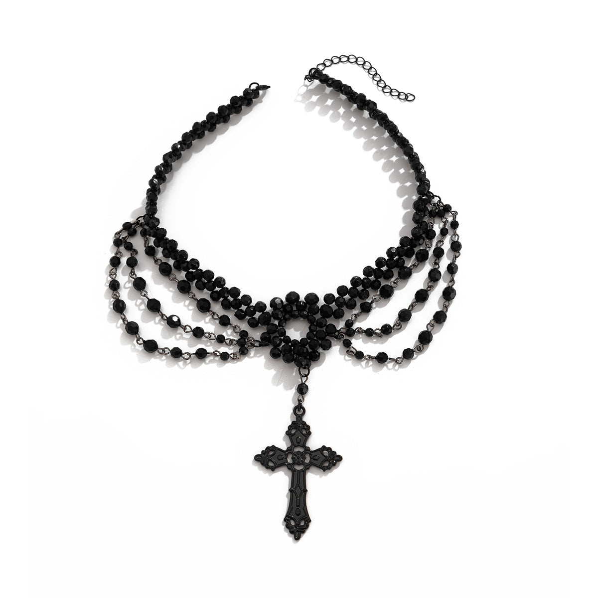 Collana Girocollo Gotica Nera Multistrato con Nappe per Donna, con Ciondolo a Croce e Design Geometrico Perlato in Lega