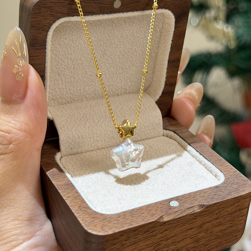 Collana minimalista placcata oro a forma di stella con perla, da donna, con design a catena per clavicola