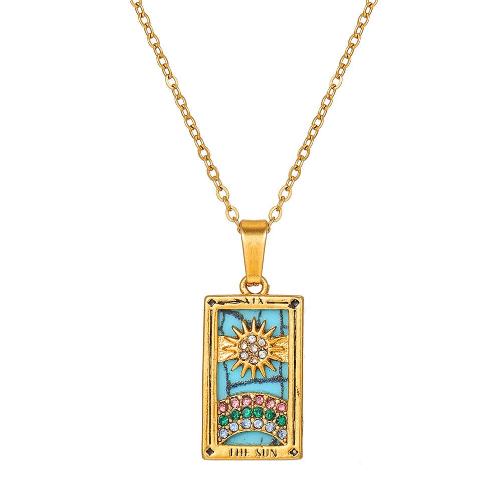 Vintage Casual Rectangle Drip Oil Cubic Zirconia Stainless Steel Necklace with Geometric Tarot Pendant Cable Chain Unisex
