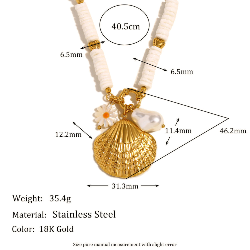 Vintage Fashion Geometric Stainless Steel Plated 18K Gold White Shell Pendant Necklace for Women