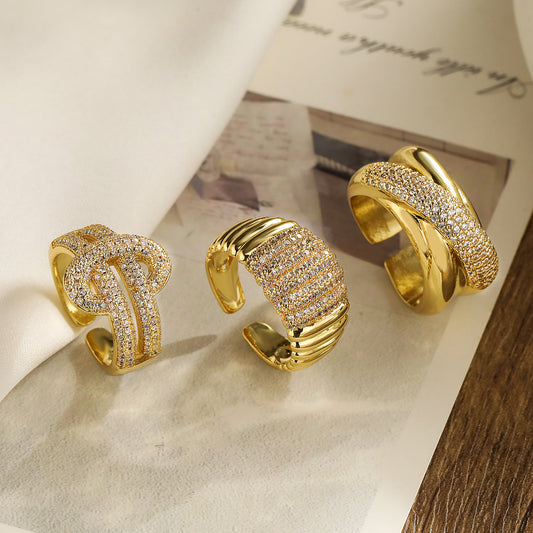Minimalist Geometric Open Ring for Women in Brass with 18K Gold Plating and Zircon Inlay