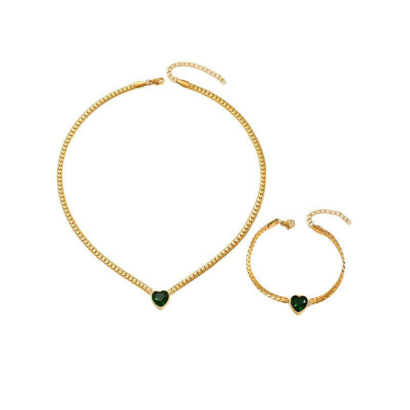 Set di collana e bracciale minimalisti a forma di cuore in rame con intarsio di strass per donna