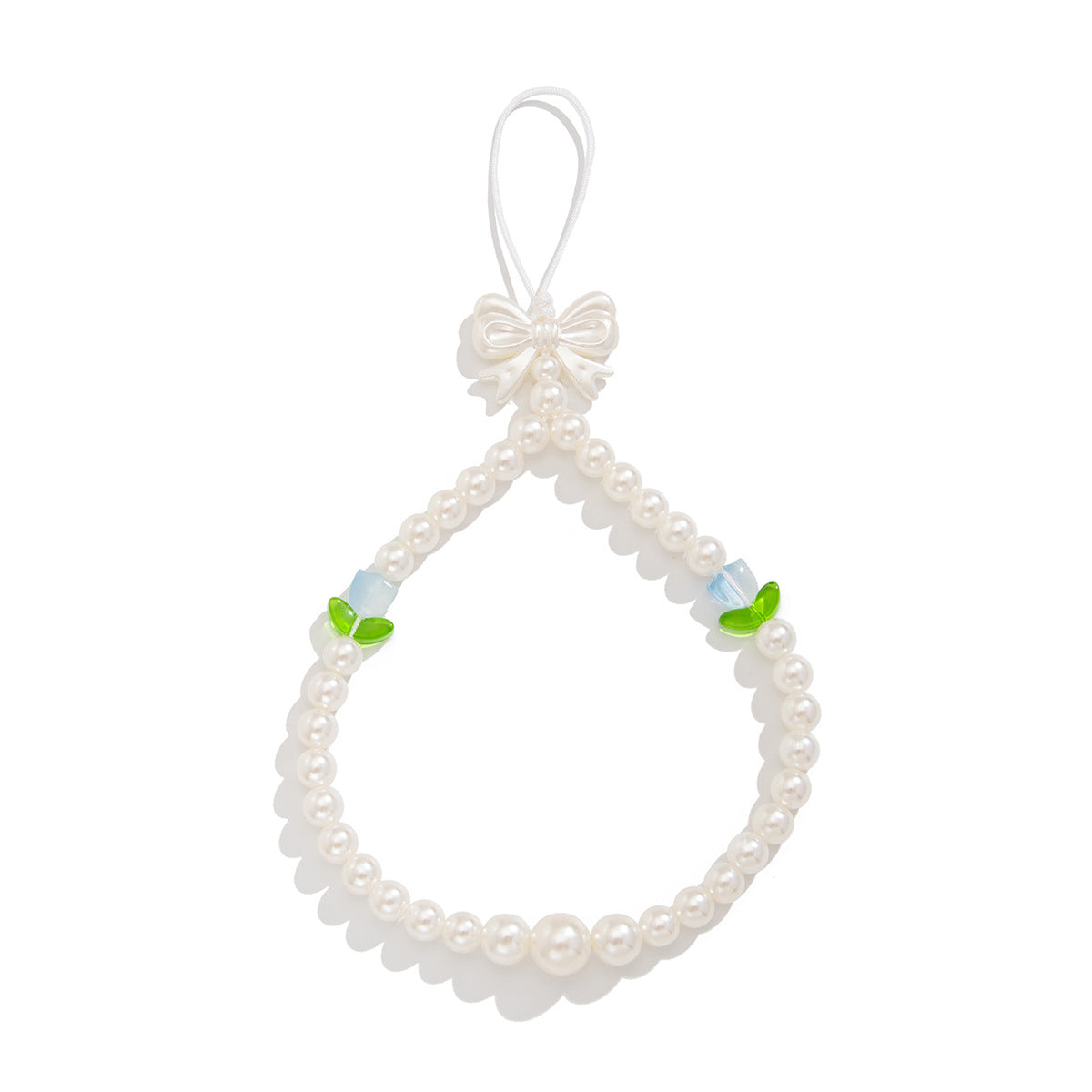 Bonita correa de teléfono con nudo de lazo de tulipán y perlas de imitación para mujeres, accesorio tejido a mano con dulce estilo floral