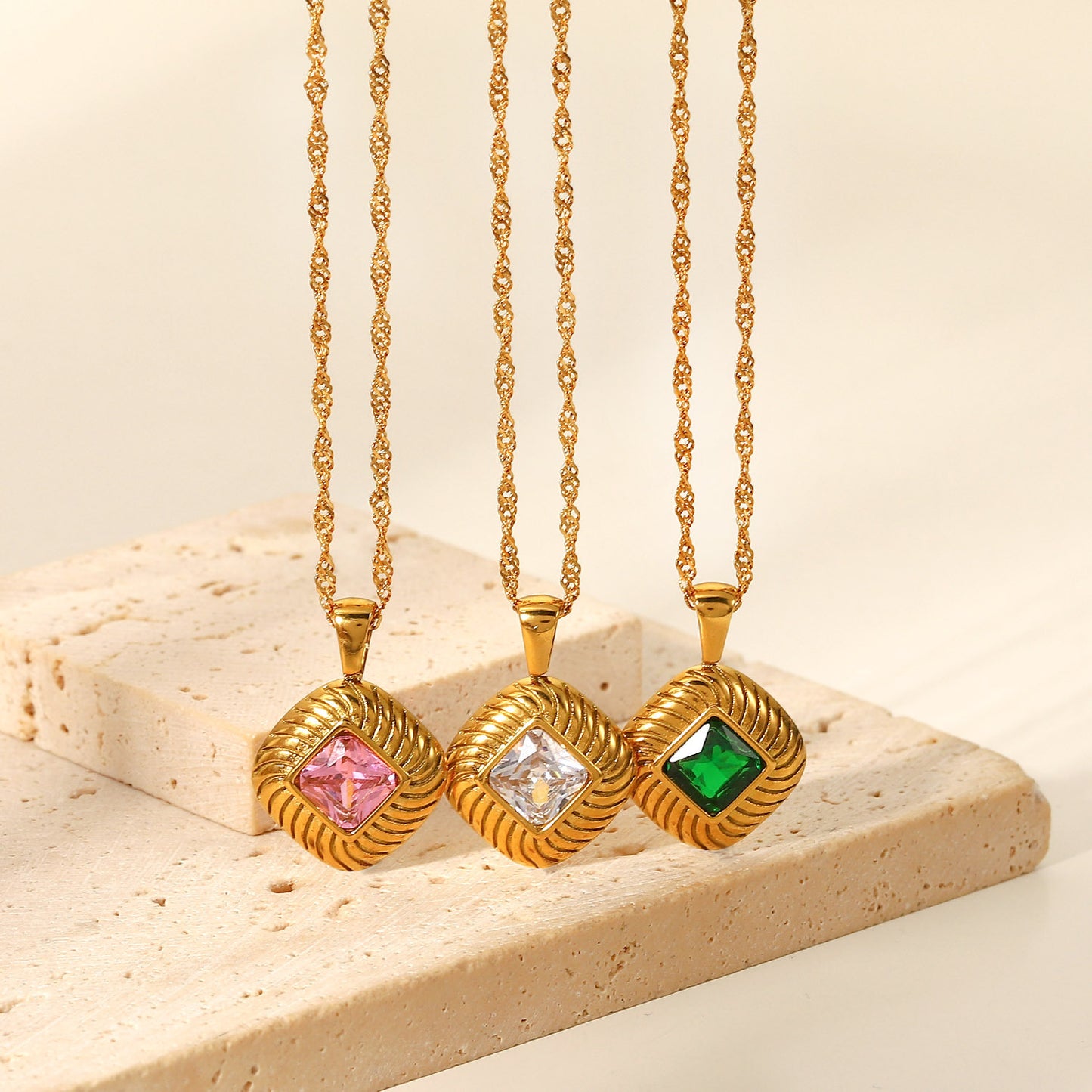 INS Style Stainless Steel Necklace with 18K Gold Plated Square Textured Button Pendant and White Pink or Green Cubic Zirconia for Women